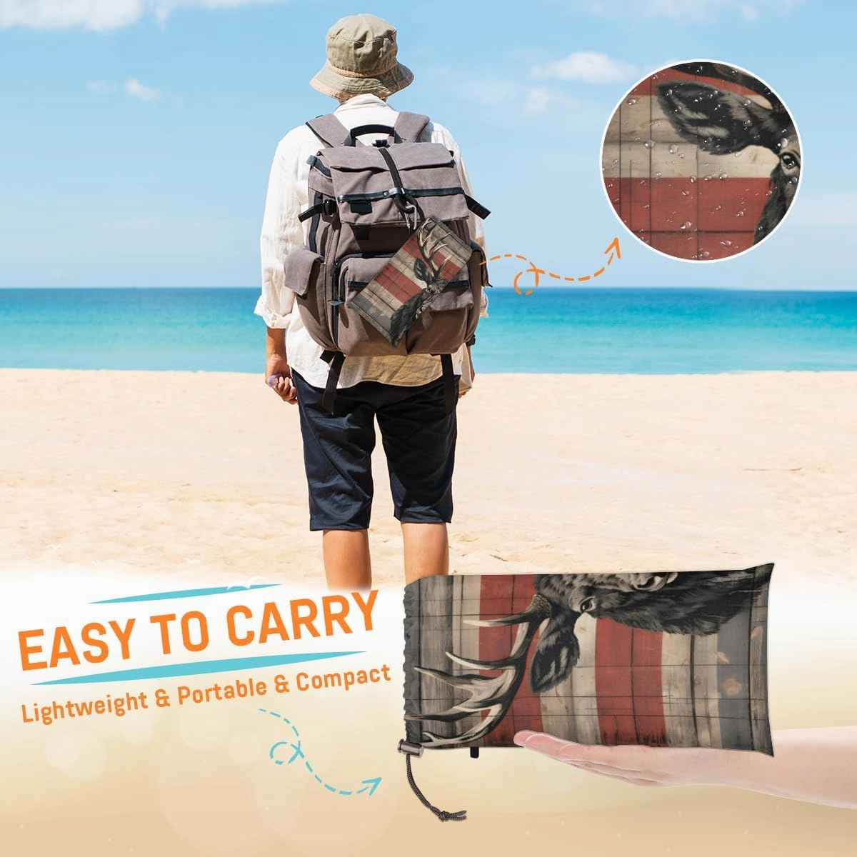 Beach Blanket, Deer Sandproof Beach Mat, Waterproof Quick Drying Sand Free Mat with 4 x Ground Spikes for Outdoor Travel Camping Hiking, Vintage Deer 68 x 59 in