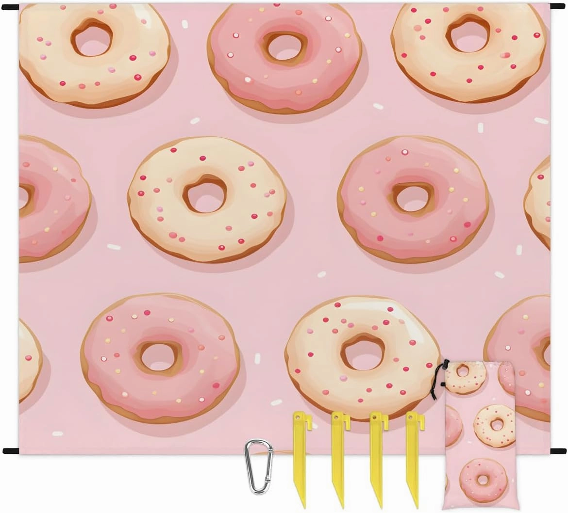 Beach Blanket, Delicious Donuts Sandproof Beach Mat, Waterproof Quick Drying Sand Free Mat with 4 x Ground Spikes for Outdoor Travel Camping Hiking, Donuts 68 x 59 in