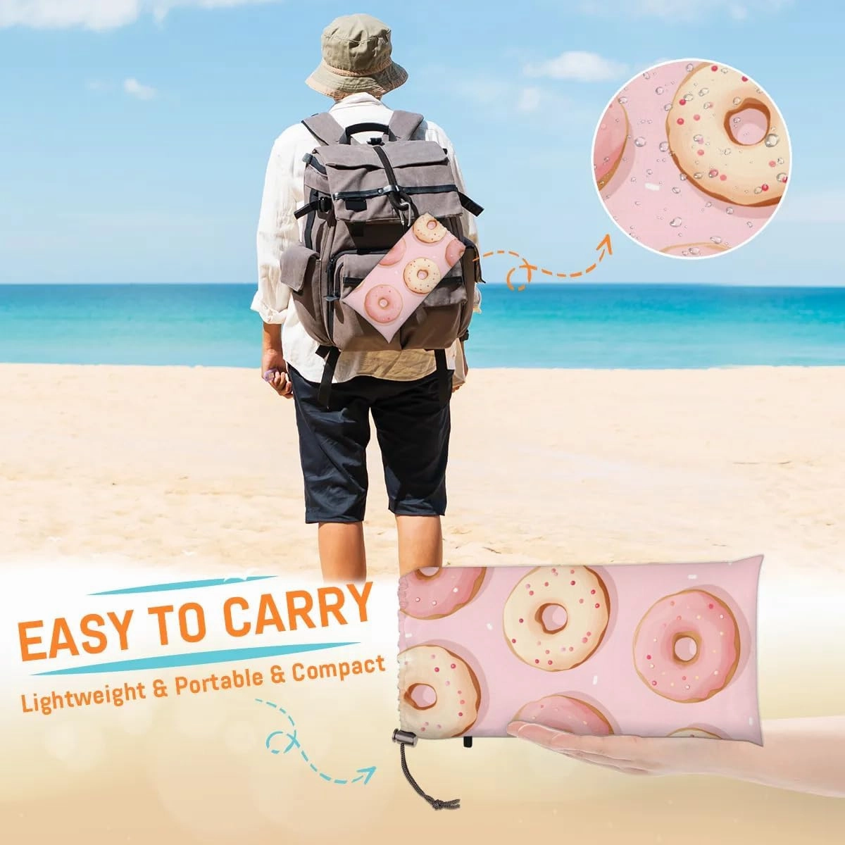Beach Blanket, Delicious Donuts Sandproof Beach Mat, Waterproof Quick Drying Sand Free Mat with 4 x Ground Spikes for Outdoor Travel Camping Hiking, Donuts 68 x 59 in