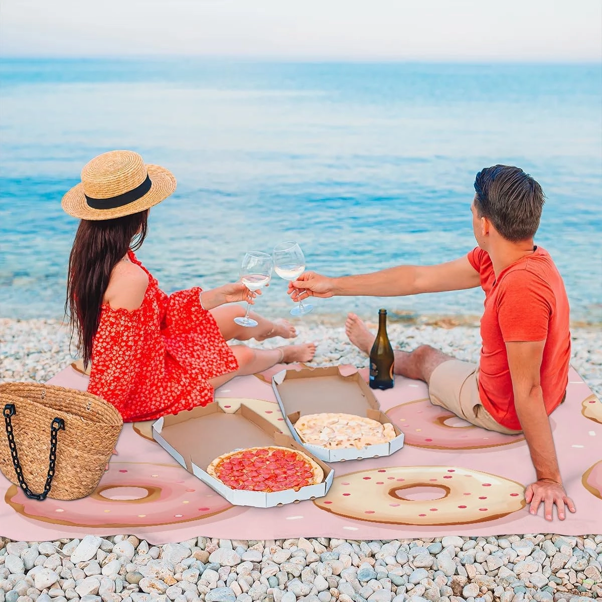 Beach Blanket, Delicious Donuts Sandproof Beach Mat, Waterproof Quick Drying Sand Free Mat with 4 x Ground Spikes for Outdoor Travel Camping Hiking, Donuts 68 x 59 in