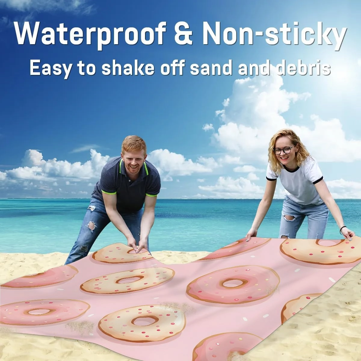 Beach Blanket, Delicious Donuts Sandproof Beach Mat, Waterproof Quick Drying Sand Free Mat with 4 x Ground Spikes for Outdoor Travel Camping Hiking, Donuts 68 x 59 in