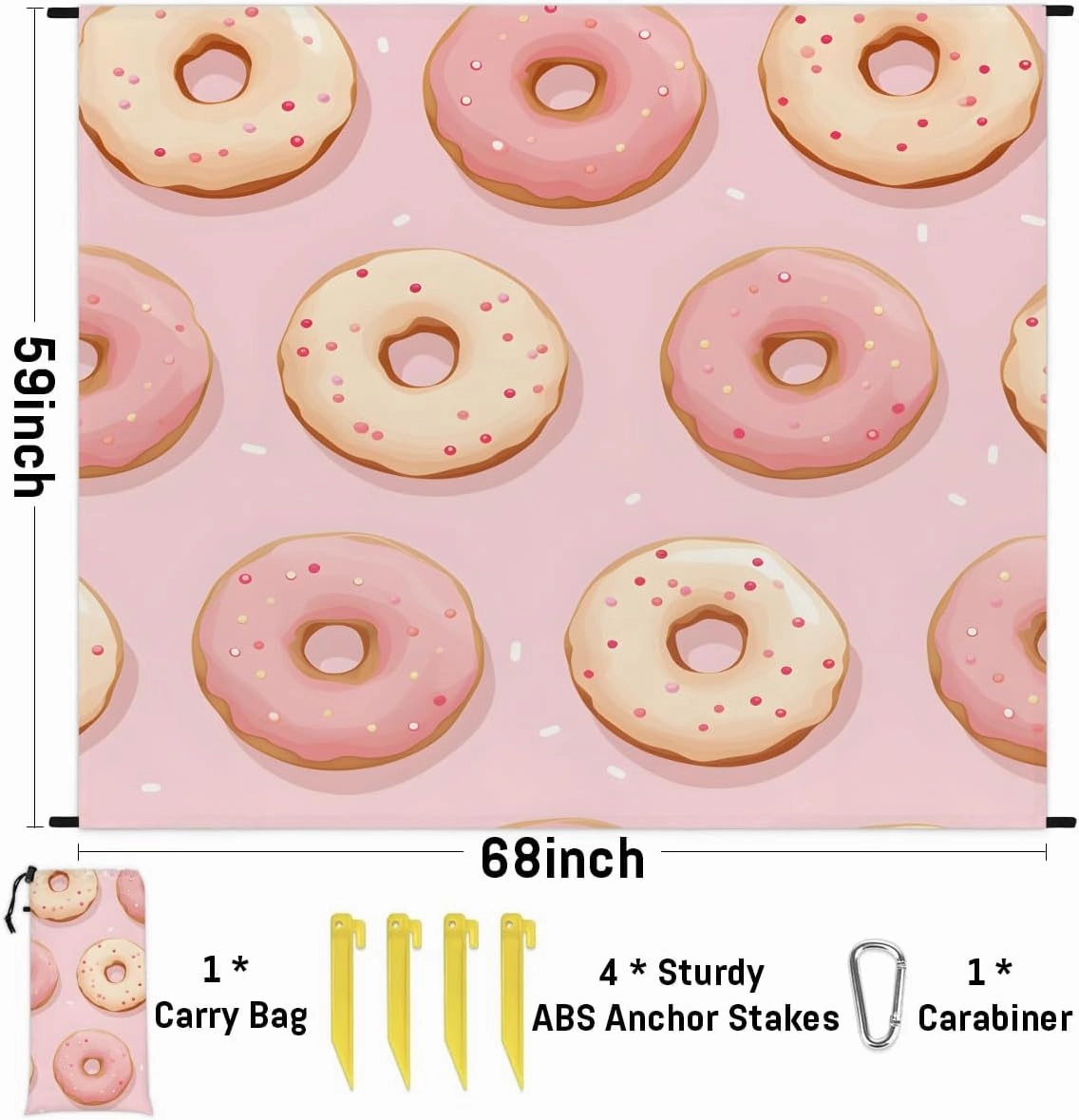 Beach Blanket, Delicious Donuts Sandproof Beach Mat, Waterproof Quick Drying Sand Free Mat with 4 x Ground Spikes for Outdoor Travel Camping Hiking, Donuts 68 x 59 in