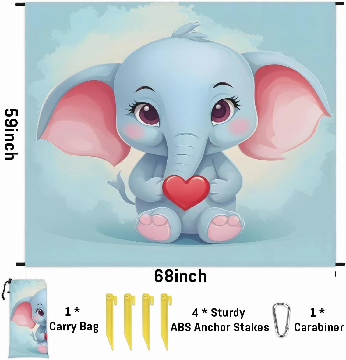 Beach Blanket, Elephant Heart Sandproof Beach Mat, Waterproof Quick Drying Sand Free Mat with 4 x Ground Spikes for Outdoor Travel Camping Hiking, Valentine's Day 68 x 59 in