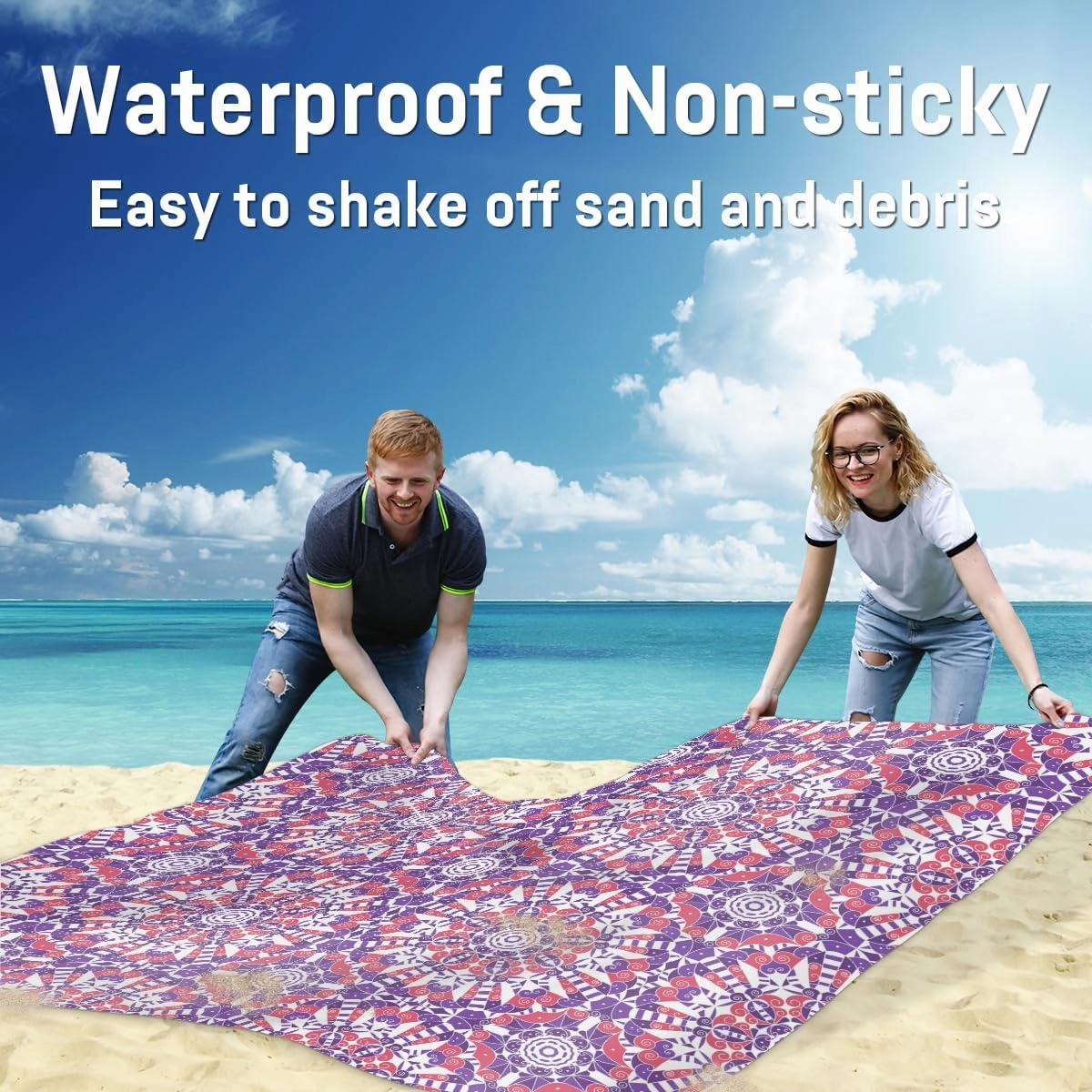 Beach Blanket, Ethnic Southwestern Sandproof Beach Mat, Waterproof Quick Drying Sand Free Mat with 4 x Ground Spikes for Outdoor Travel Camping Hiking, Vintage Bohemian 68 x 59 in