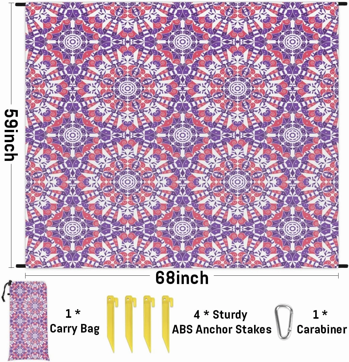 Beach Blanket, Ethnic Southwestern Sandproof Beach Mat, Waterproof Quick Drying Sand Free Mat with 4 x Ground Spikes for Outdoor Travel Camping Hiking, Vintage Bohemian 68 x 59 in