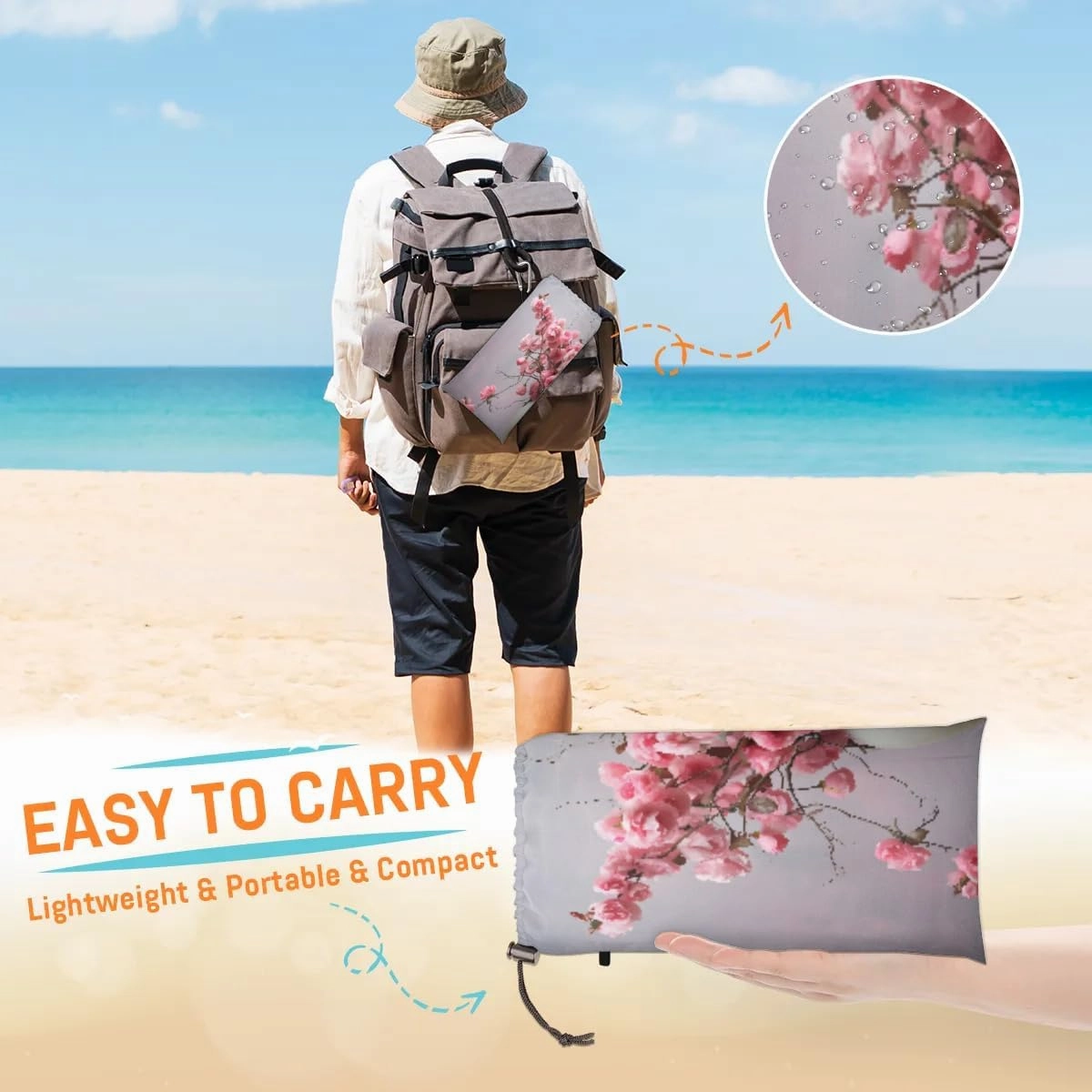 Beach Blanket, Floral Sandproof Beach Mat, Waterproof Quick Drying Sand Free Mat with 4 x Ground Spikes for Outdoor Travel Camping Hiking, Rose Flower Leaf 68 x 59 in