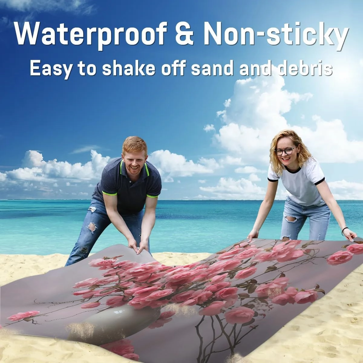 Beach Blanket, Floral Sandproof Beach Mat, Waterproof Quick Drying Sand Free Mat with 4 x Ground Spikes for Outdoor Travel Camping Hiking, Rose Flower Leaf 68 x 59 in