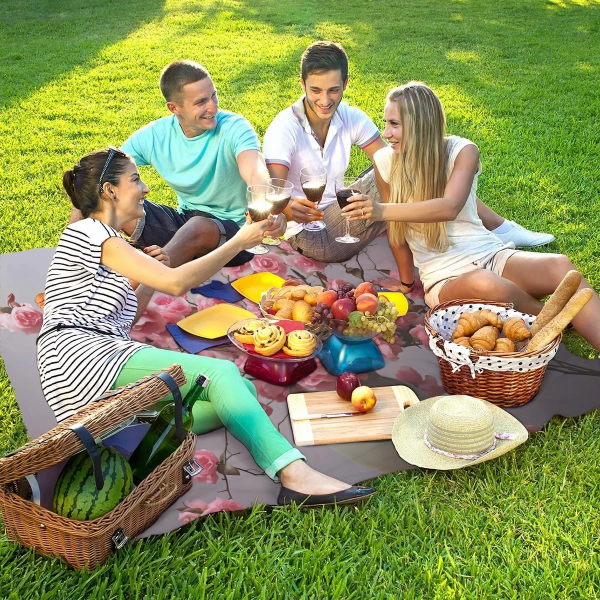 Beach Blanket, Floral Sandproof Beach Mat, Waterproof Quick Drying Sand Free Mat with 4 x Ground Spikes for Outdoor Travel Camping Hiking, Rose Flower Leaf 68 x 59 in