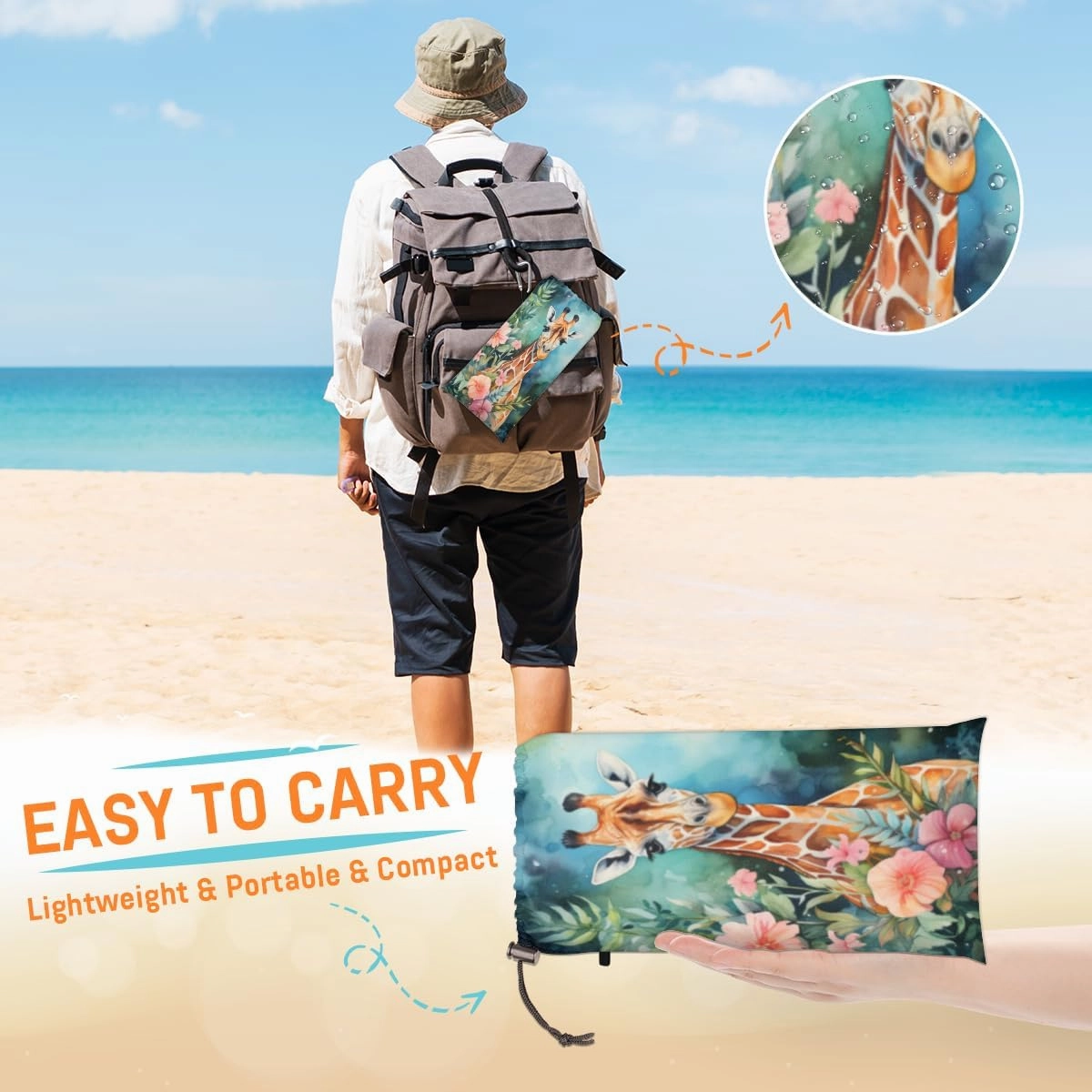 Beach Blanket, Giraffe Sandproof Beach Mat, Waterproof Quick Drying Sand Free Mat with 4 x Ground Spikes for Outdoor Travel Camping Hiking, Flowers 68 x 59 in