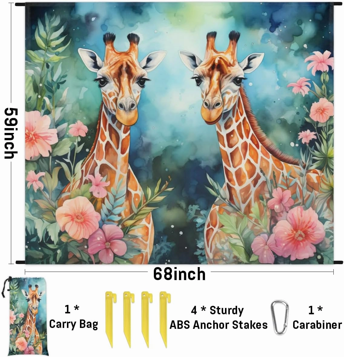 Beach Blanket, Giraffe Sandproof Beach Mat, Waterproof Quick Drying Sand Free Mat with 4 x Ground Spikes for Outdoor Travel Camping Hiking, Flowers 68 x 59 in