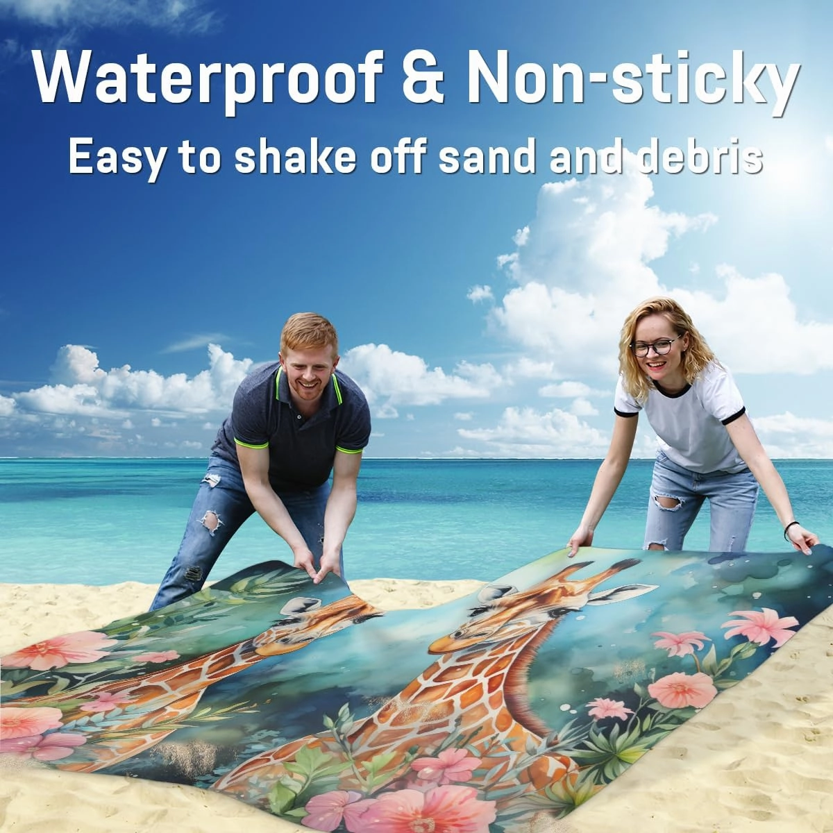 Beach Blanket, Giraffe Sandproof Beach Mat, Waterproof Quick Drying Sand Free Mat with 4 x Ground Spikes for Outdoor Travel Camping Hiking, Flowers 68 x 59 in