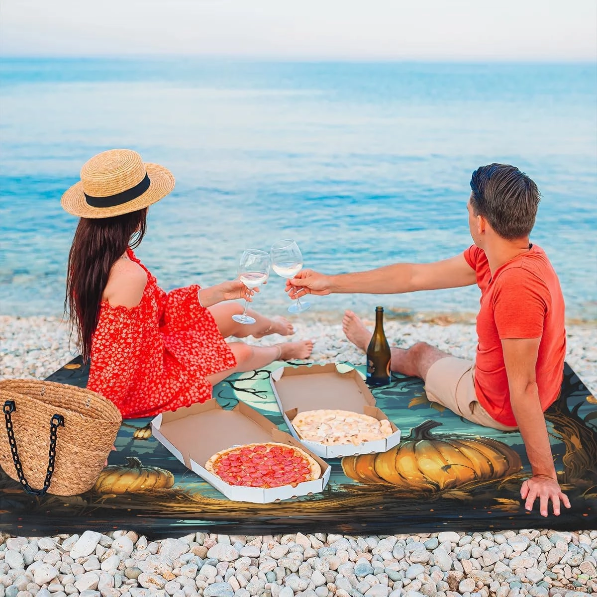 Beach Blanket, Halloween Pumpkin Sandproof Beach Mat, Waterproof Quick Drying Sand Free Mat with 4 x Ground Spikes for Outdoor Travel Camping Hiking, Fall Pumpkin 68 x 59 in