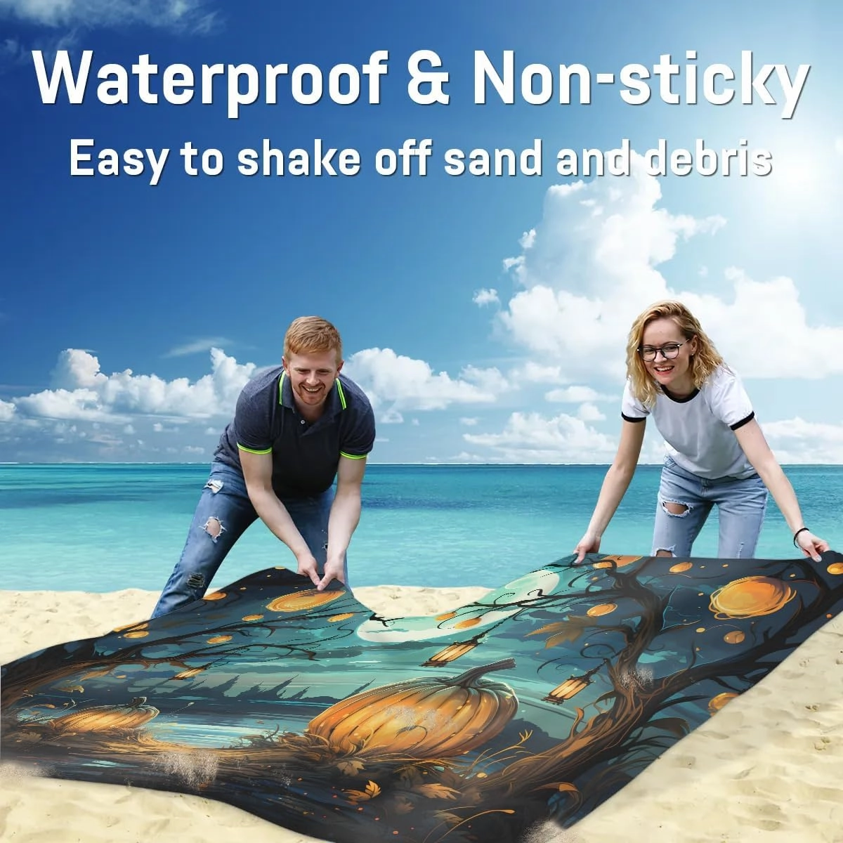 Beach Blanket, Halloween Pumpkin Sandproof Beach Mat, Waterproof Quick Drying Sand Free Mat with 4 x Ground Spikes for Outdoor Travel Camping Hiking, Fall Pumpkin 68 x 59 in