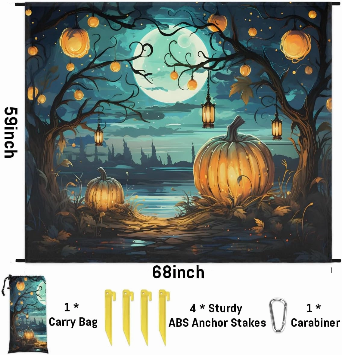 Beach Blanket, Halloween Pumpkin Sandproof Beach Mat, Waterproof Quick Drying Sand Free Mat with 4 x Ground Spikes for Outdoor Travel Camping Hiking, Fall Pumpkin 68 x 59 in