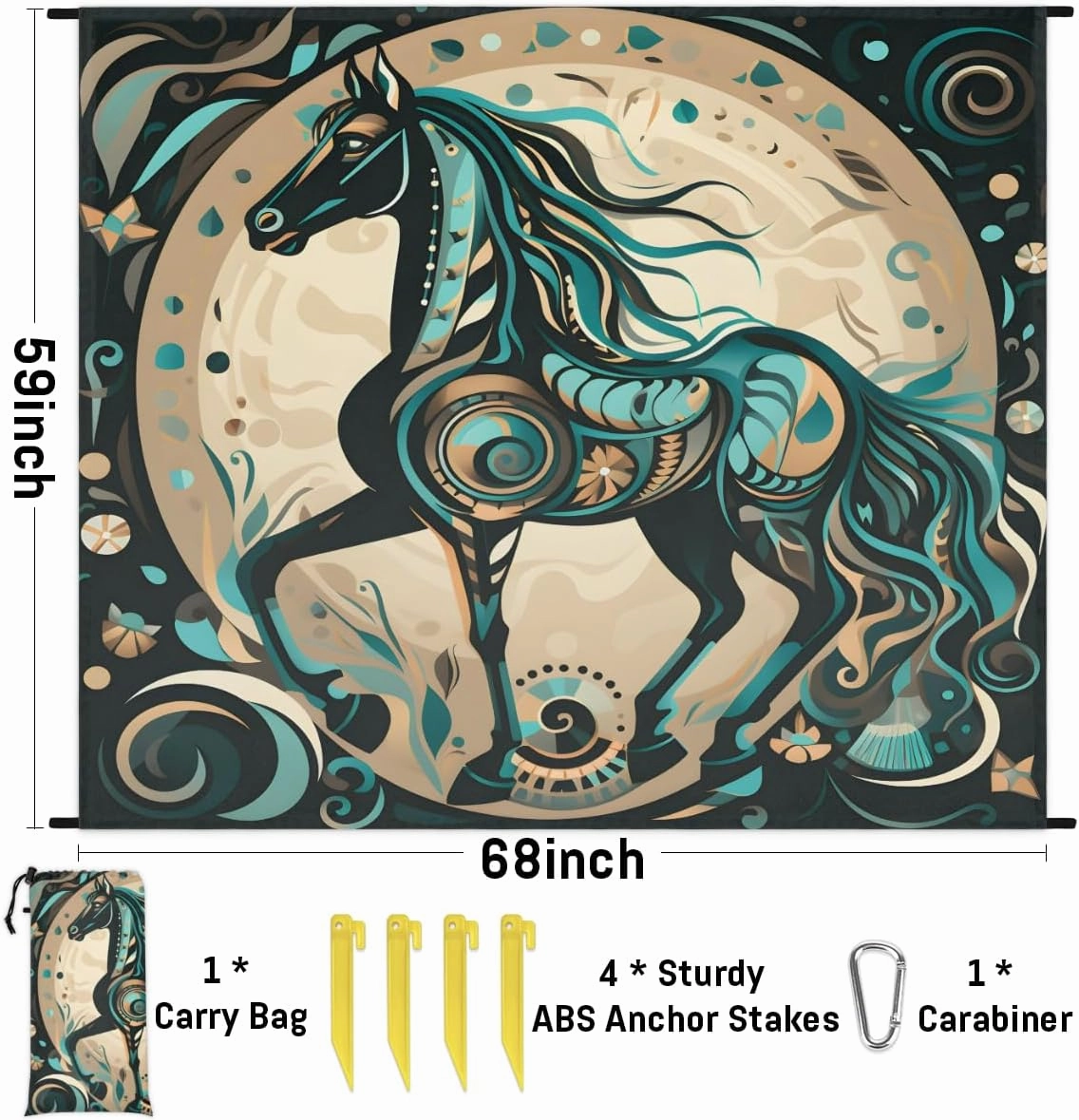 Beach Blanket, Horse Sandproof Beach Mat, Waterproof Quick Drying Sand Free Mat with 4 x Ground Spikes for Outdoor Travel Camping Hiking, Horse Print 68 x 59 in
