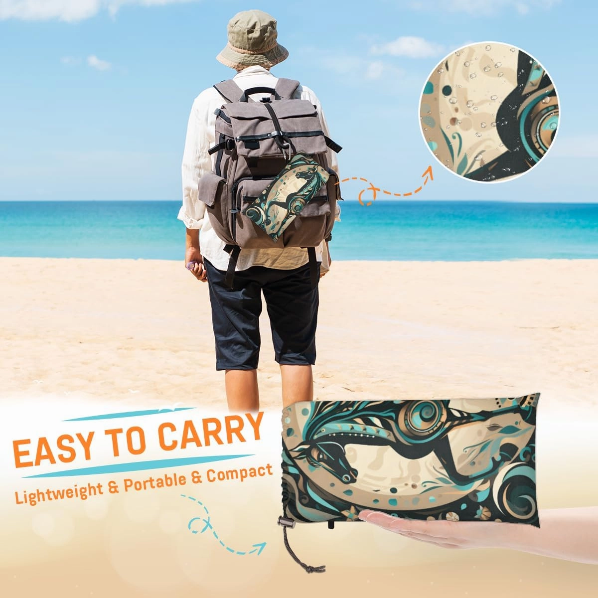 Beach Blanket, Horse Sandproof Beach Mat, Waterproof Quick Drying Sand Free Mat with 4 x Ground Spikes for Outdoor Travel Camping Hiking, Horse Print 68 x 59 in