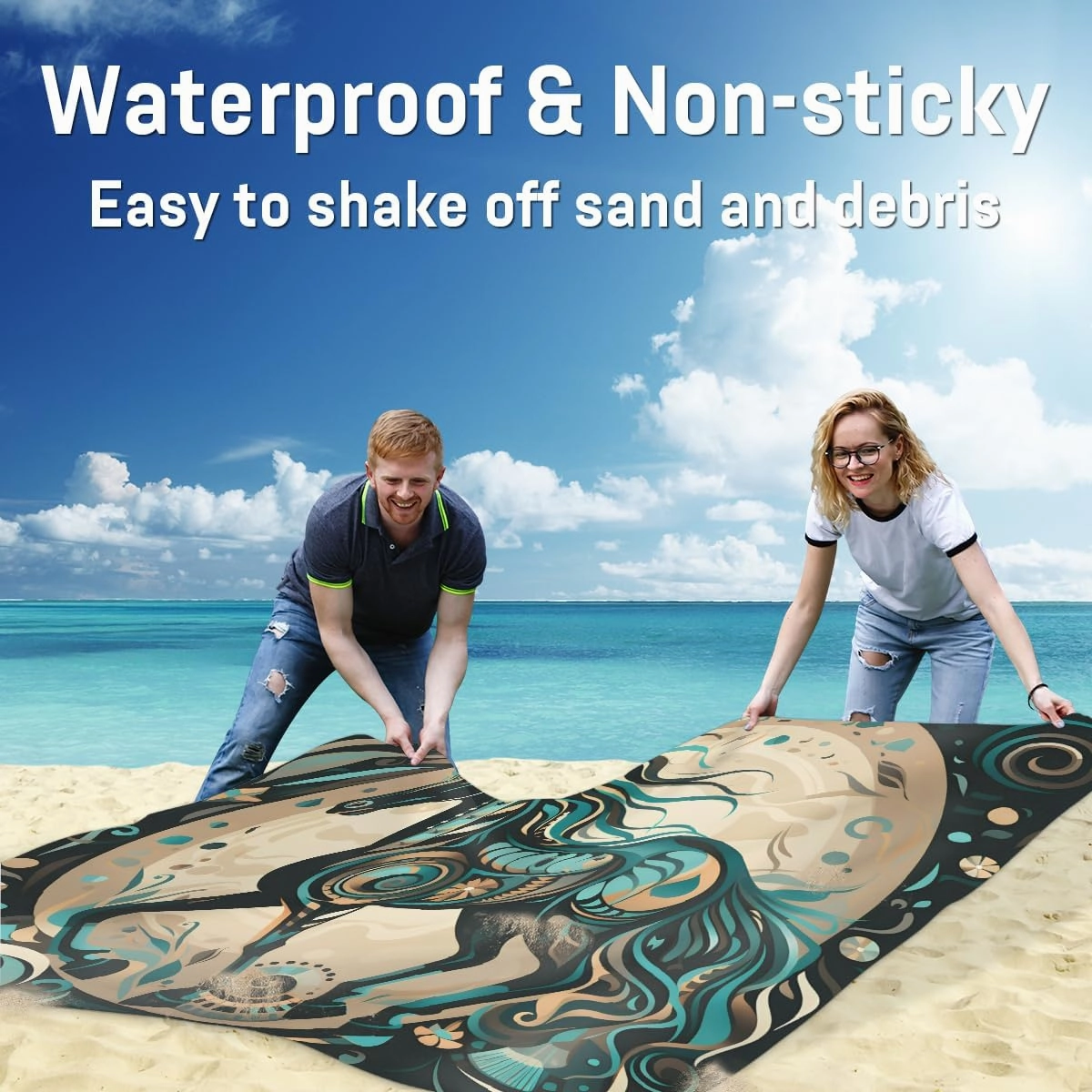 Beach Blanket, Horse Sandproof Beach Mat, Waterproof Quick Drying Sand Free Mat with 4 x Ground Spikes for Outdoor Travel Camping Hiking, Horse Print 68 x 59 in