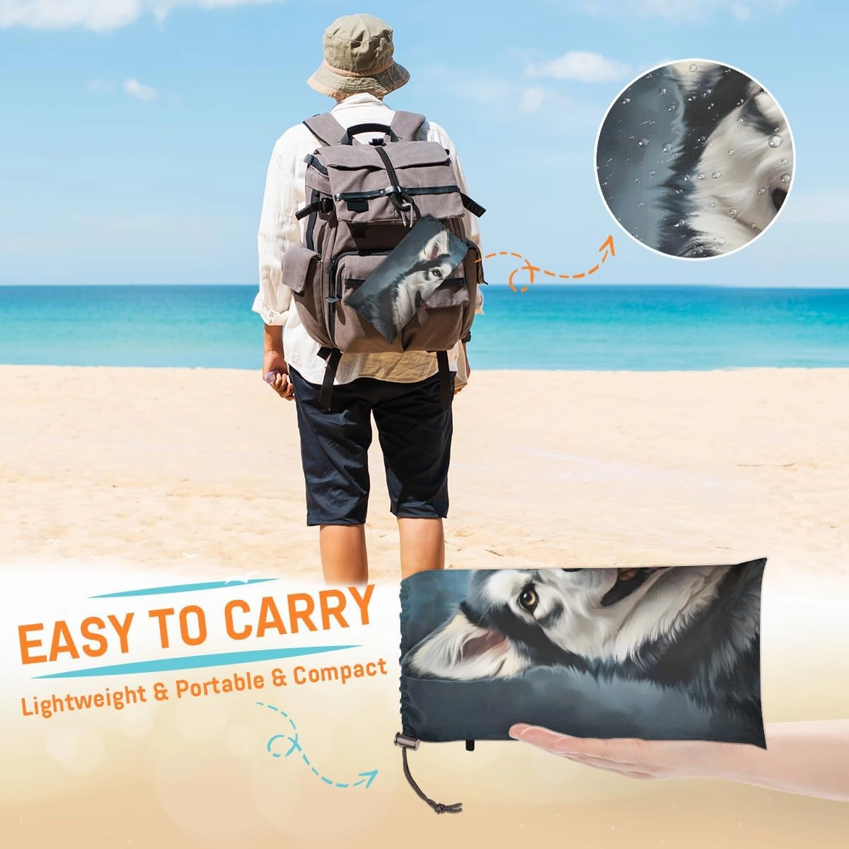 Beach Blanket, Husky Dog Sandproof Beach Mat, Waterproof Quick Drying Sand Free Mat with 4 x Ground Spikes for Outdoor Travel Camping Hiking, Dog Print 68 x 59 in