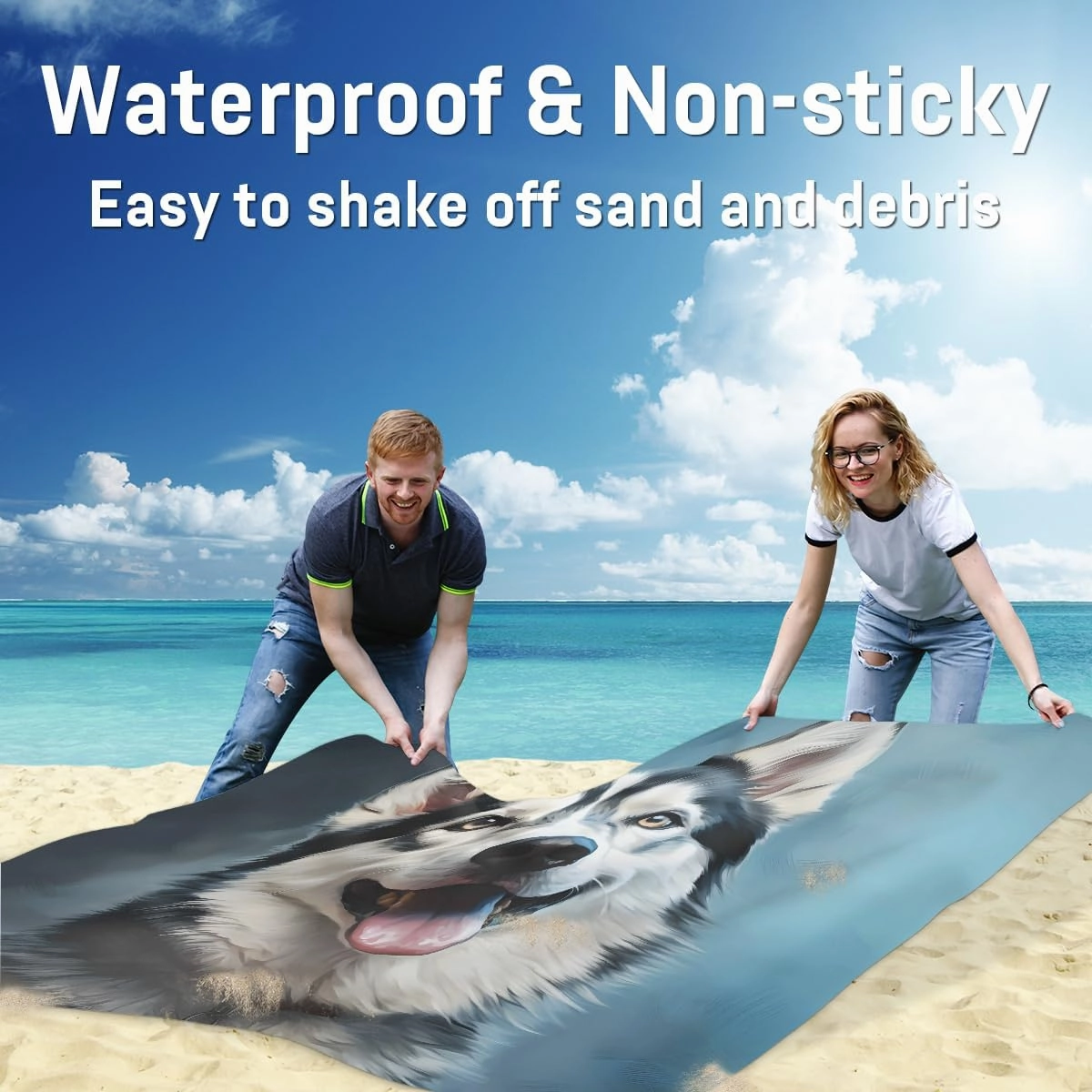 Beach Blanket, Husky Dog Sandproof Beach Mat, Waterproof Quick Drying Sand Free Mat with 4 x Ground Spikes for Outdoor Travel Camping Hiking, Dog Print 68 x 59 in