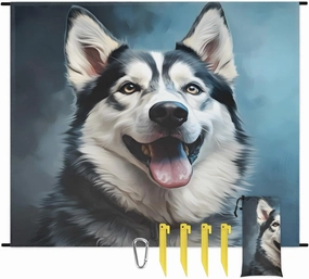 Beach Blanket, Husky Dog Sandproof Beach Mat, Waterproof Quick Drying Sand Free Mat with 4 x Ground Spikes for Outdoor Travel Camping Hiking, Dog Print 68 x 59 in