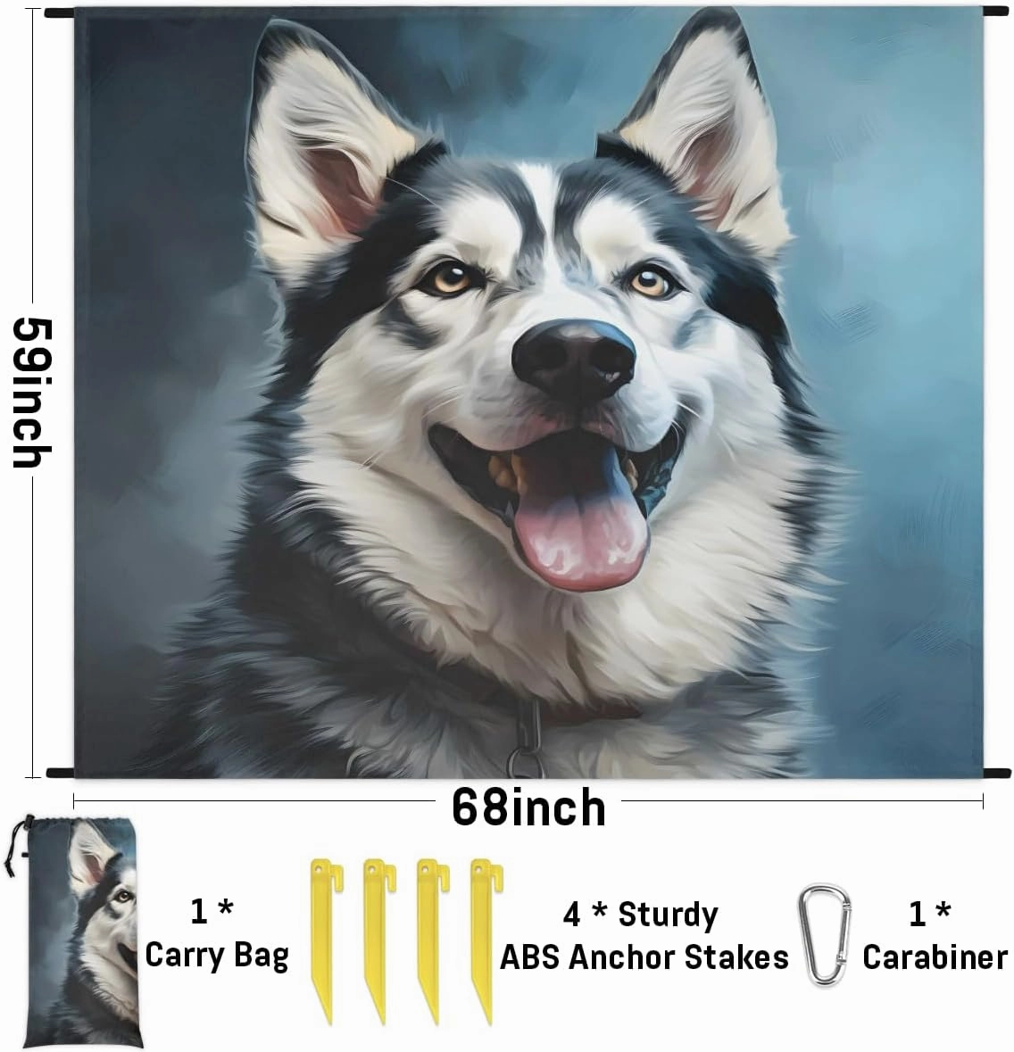 Beach Blanket, Husky Dog Sandproof Beach Mat, Waterproof Quick Drying Sand Free Mat with 4 x Ground Spikes for Outdoor Travel Camping Hiking, Dog Print 68 x 59 in