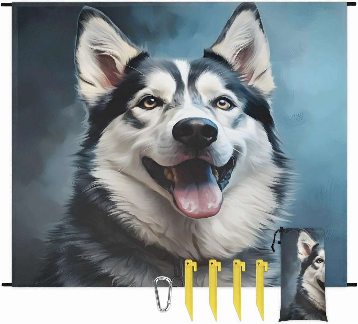 Beach Blanket, Husky Dog Sandproof Beach Mat, Waterproof Quick Drying Sand Free Mat with 4 x Ground Spikes for Outdoor Travel Camping Hiking, Dog Print 68 x 59 in