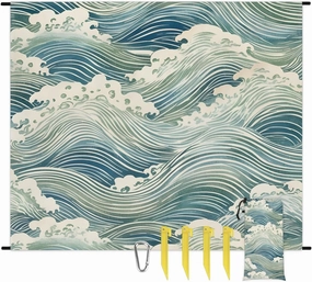 Beach Blanket, Japanese Ocean Sandproof Beach Mat, Waterproof Quick Drying Sand Free Mat with 4 x Ground Spikes for Outdoor Travel Camping Hiking, Ocean Waves 68 x 59 in