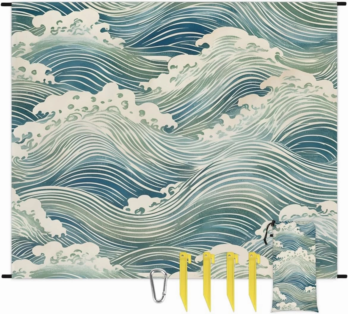 Beach Blanket, Japanese Ocean Sandproof Beach Mat, Waterproof Quick Drying Sand Free Mat with 4 x Ground Spikes for Outdoor Travel Camping Hiking, Ocean Waves 68 x 59 in