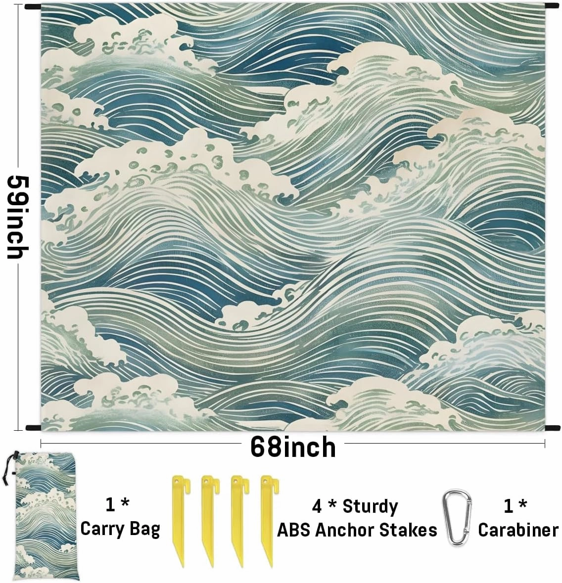 Beach Blanket, Japanese Ocean Sandproof Beach Mat, Waterproof Quick Drying Sand Free Mat with 4 x Ground Spikes for Outdoor Travel Camping Hiking, Ocean Waves 68 x 59 in