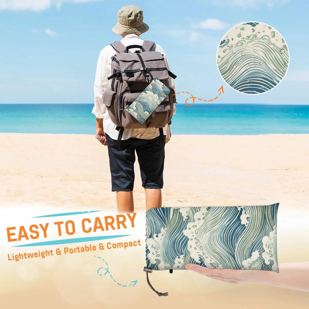 Beach Blanket, Japanese Ocean Sandproof Beach Mat, Waterproof Quick Drying Sand Free Mat with 4 x Ground Spikes for Outdoor Travel Camping Hiking, Ocean Waves 68 x 59 in