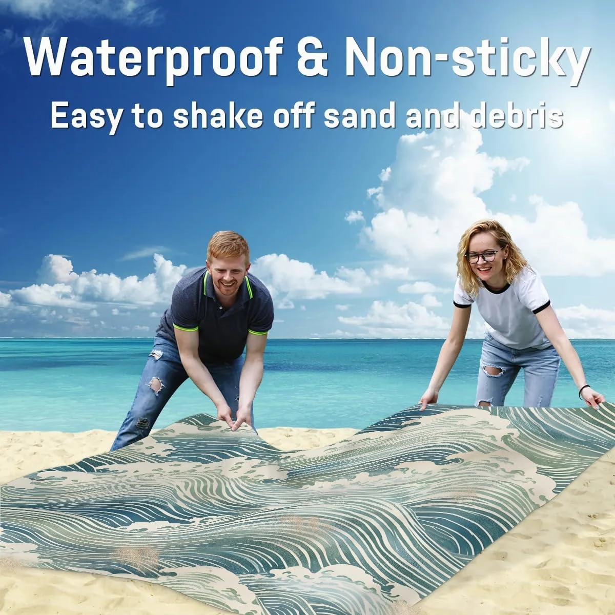 Beach Blanket, Japanese Ocean Sandproof Beach Mat, Waterproof Quick Drying Sand Free Mat with 4 x Ground Spikes for Outdoor Travel Camping Hiking, Ocean Waves 68 x 59 in