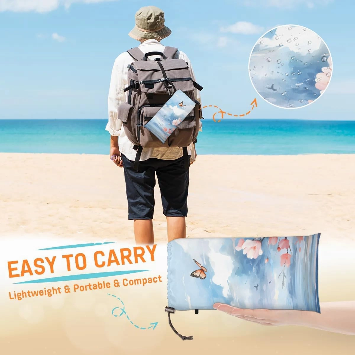 Beach Blanket, Japanese Sandproof Beach Mat, Waterproof Quick Drying Sand Free Mat with 4 x Ground Spikes for Outdoor Travel Camping Hiking, Spring Summer Floral 68 x 59 in