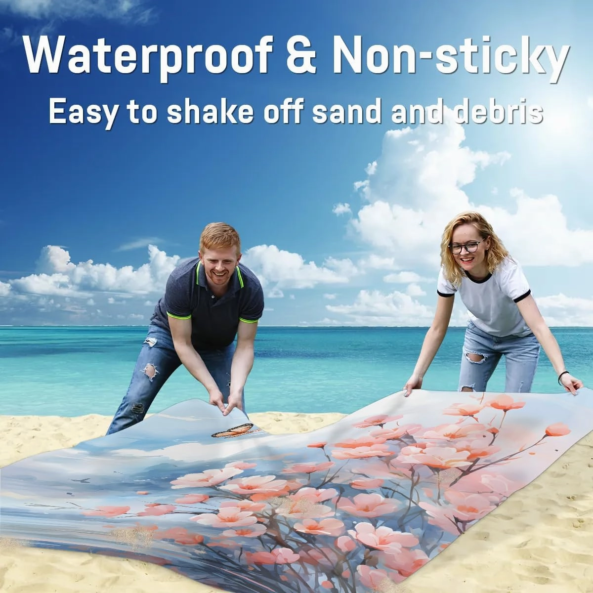 Beach Blanket, Japanese Sandproof Beach Mat, Waterproof Quick Drying Sand Free Mat with 4 x Ground Spikes for Outdoor Travel Camping Hiking, Spring Summer Floral 68 x 59 in