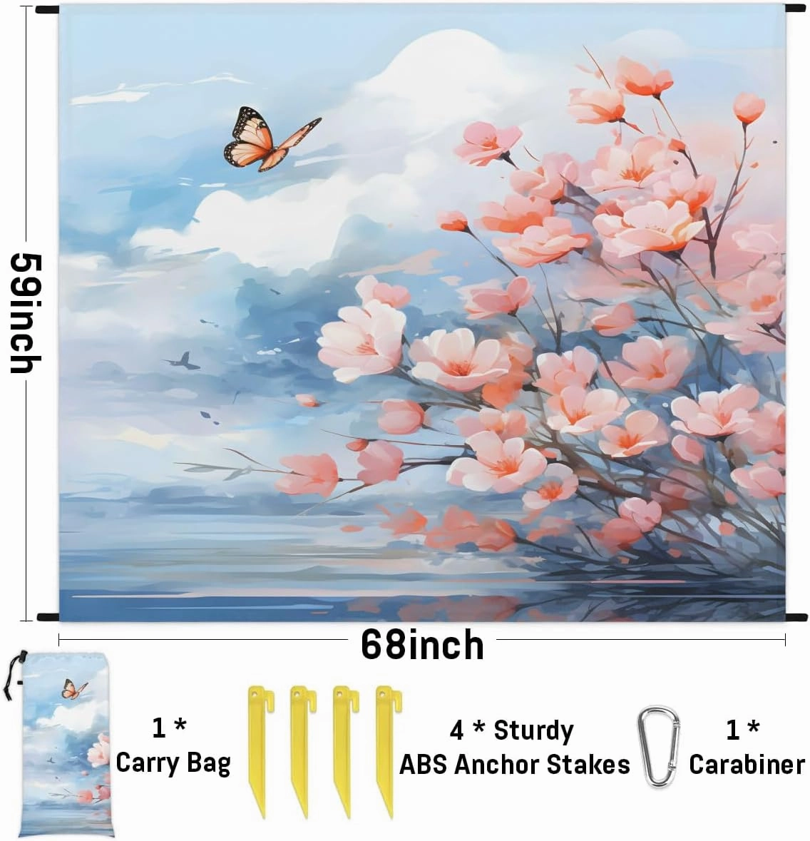 Beach Blanket, Japanese Sandproof Beach Mat, Waterproof Quick Drying Sand Free Mat with 4 x Ground Spikes for Outdoor Travel Camping Hiking, Spring Summer Floral 68 x 59 in
