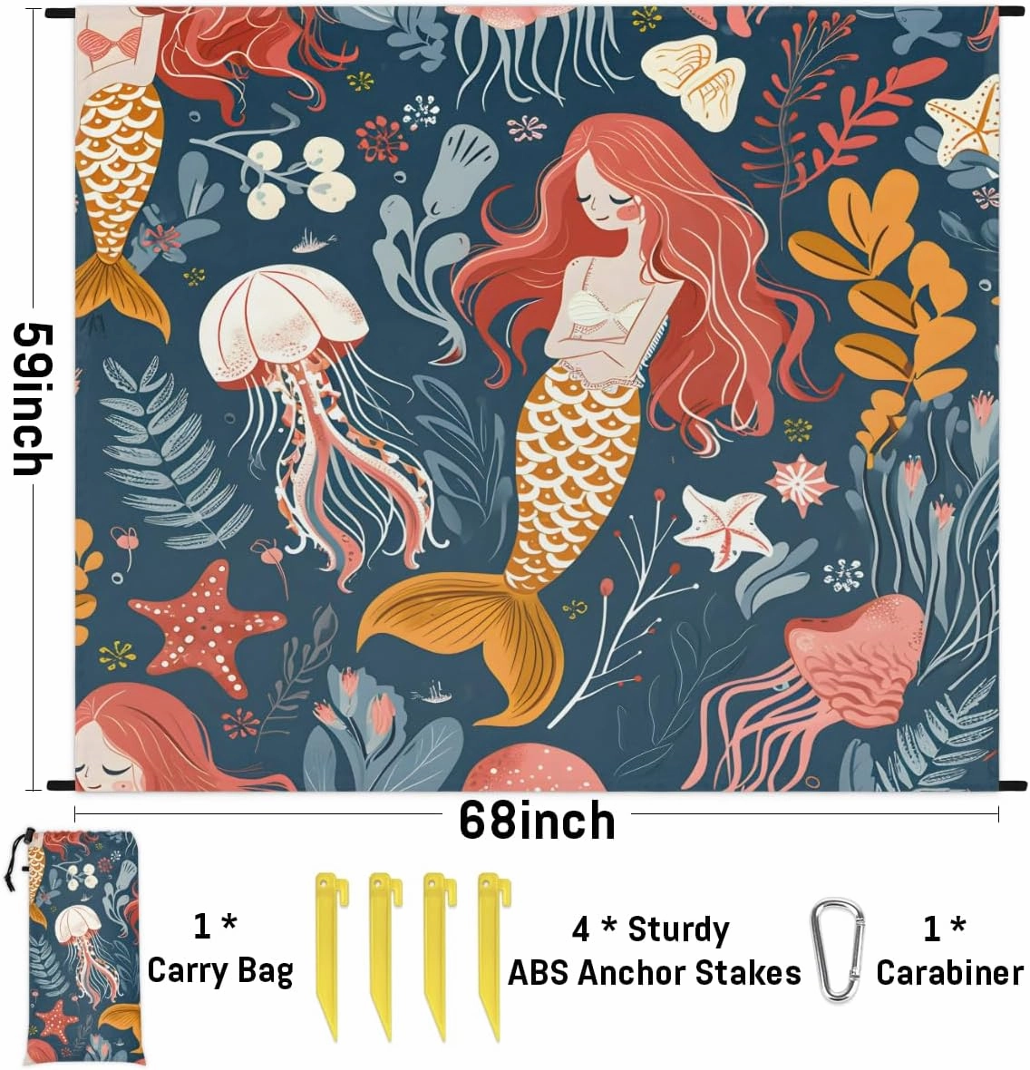 Beach Blanket, Jellyfish Mermaids Sandproof Beach Mat, Waterproof Quick Drying Sand Free Mat with 4 x Ground Spikes for Outdoor Travel Camping Hiking, Sea 68 x 59 in
