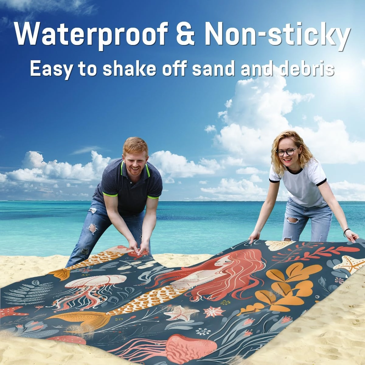 Beach Blanket, Jellyfish Mermaids Sandproof Beach Mat, Waterproof Quick Drying Sand Free Mat with 4 x Ground Spikes for Outdoor Travel Camping Hiking, Sea 68 x 59 in