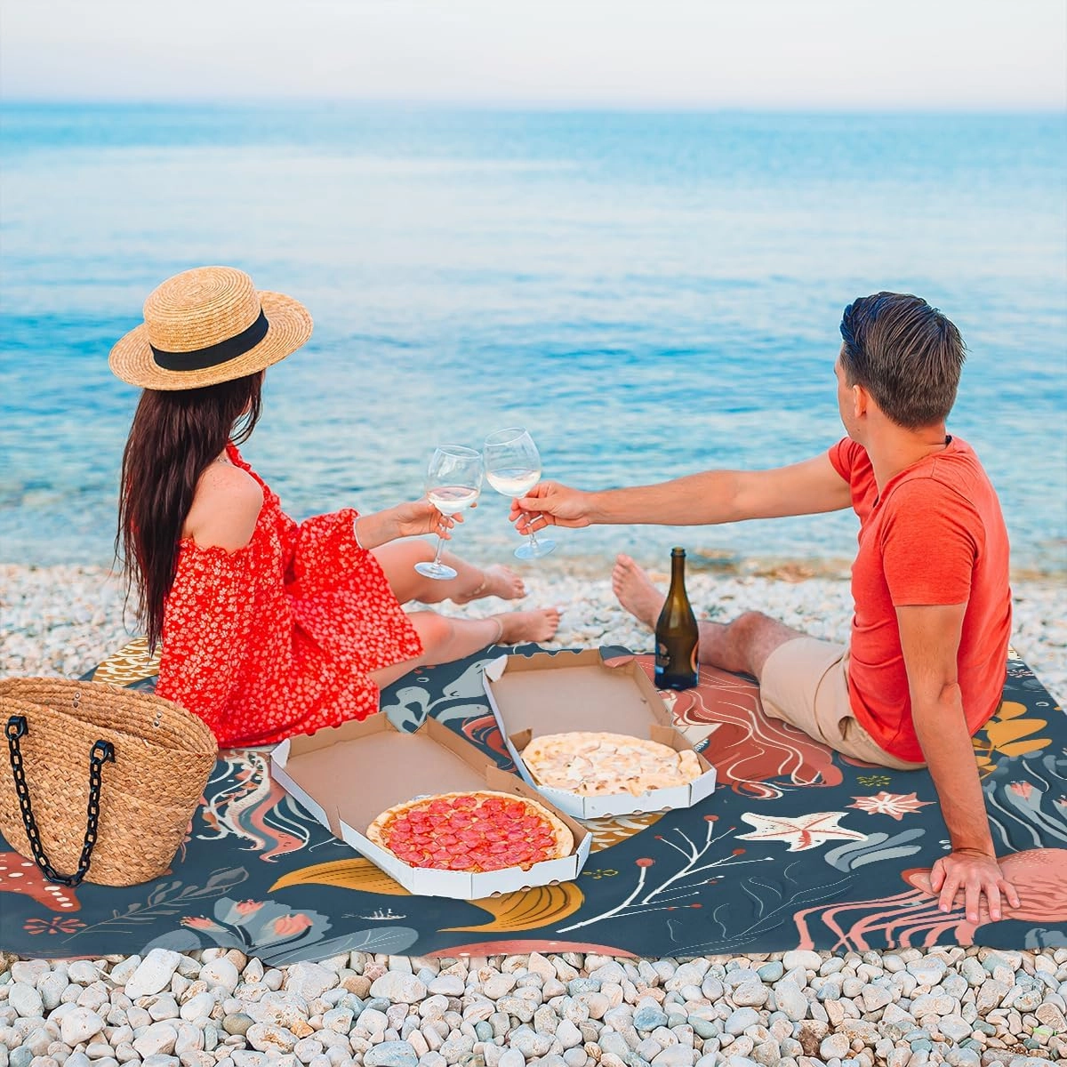 Beach Blanket, Jellyfish Mermaids Sandproof Beach Mat, Waterproof Quick Drying Sand Free Mat with 4 x Ground Spikes for Outdoor Travel Camping Hiking, Sea 68 x 59 in