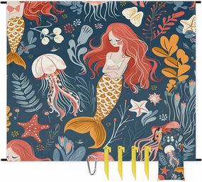 Beach Blanket, Jellyfish Mermaids Sandproof Beach Mat, Waterproof Quick Drying Sand Free Mat with 4 x Ground Spikes for Outdoor Travel Camping Hiking, Sea 68 x 59 in