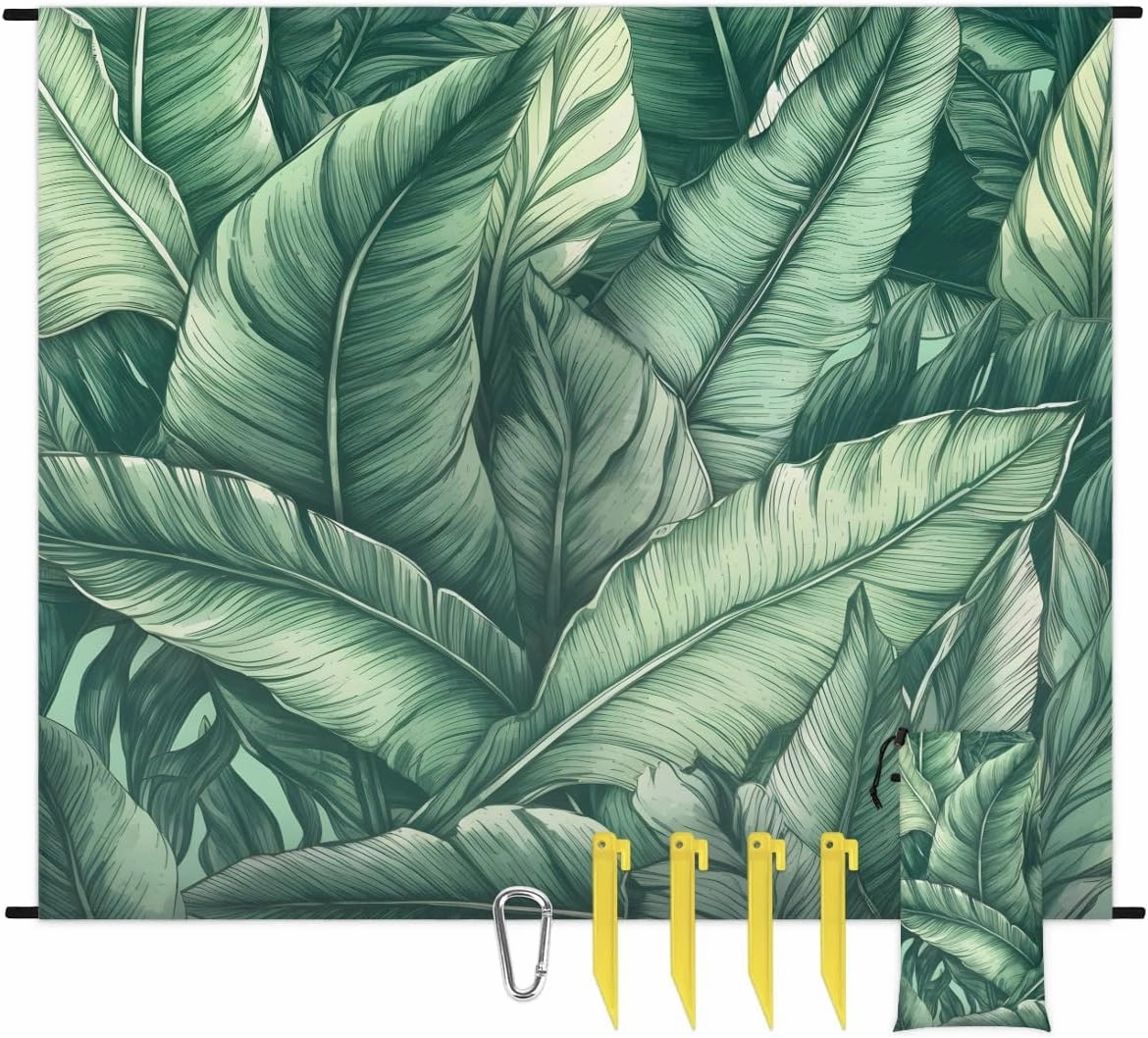 Beach Blanket, Leaves Design Sandproof Beach Mat, Waterproof Quick Drying Sand Free Mat with 4 x Ground Spikes for Outdoor Travel Camping Hiking, Palms Leaves 68 x 59 in