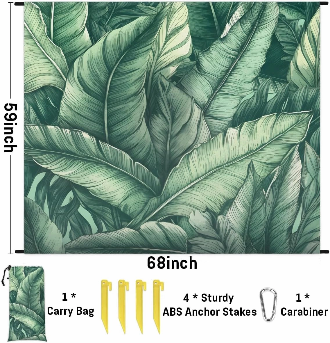 Beach Blanket, Leaves Design Sandproof Beach Mat, Waterproof Quick Drying Sand Free Mat with 4 x Ground Spikes for Outdoor Travel Camping Hiking, Palms Leaves 68 x 59 in
