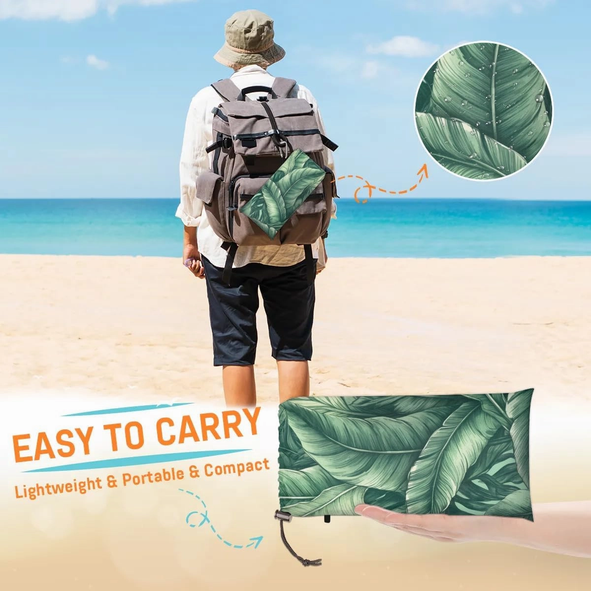 Beach Blanket, Leaves Design Sandproof Beach Mat, Waterproof Quick Drying Sand Free Mat with 4 x Ground Spikes for Outdoor Travel Camping Hiking, Palms Leaves 68 x 59 in