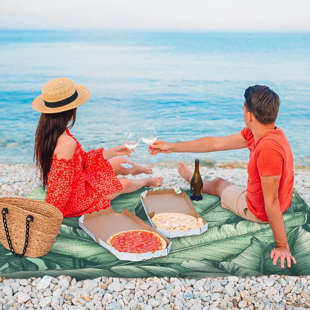 Beach Blanket, Leaves Design Sandproof Beach Mat, Waterproof Quick Drying Sand Free Mat with 4 x Ground Spikes for Outdoor Travel Camping Hiking, Palms Leaves 68 x 59 in