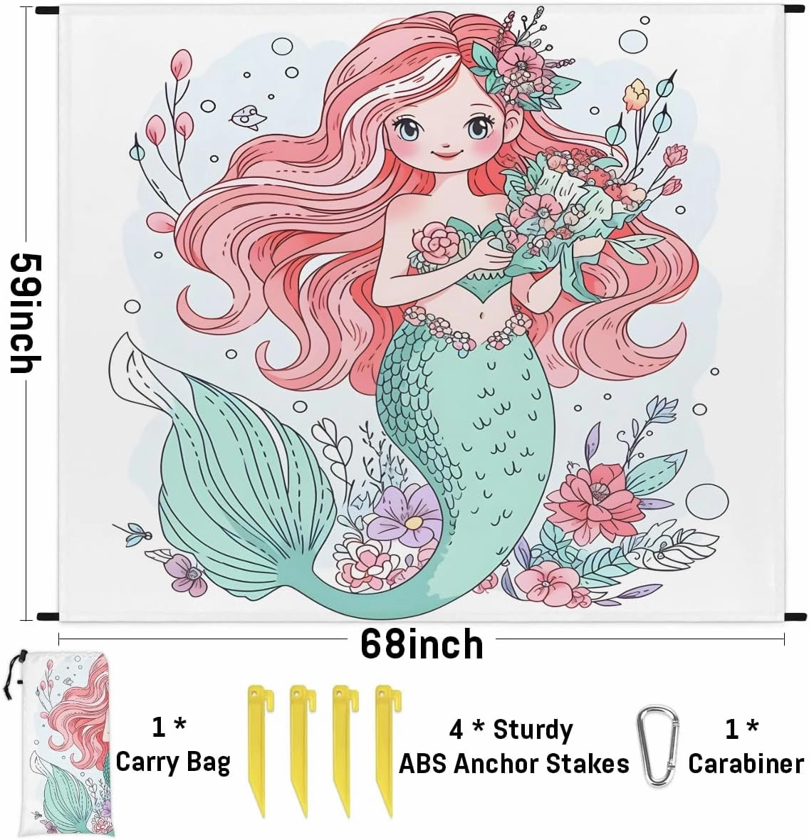 Beach Blanket, Mermaid Sandproof Beach Mat, Waterproof Quick Drying Sand Free Mat with 4 x Ground Spikes for Outdoor Travel Camping Hiking, Nautical Sea 68 x 59 in