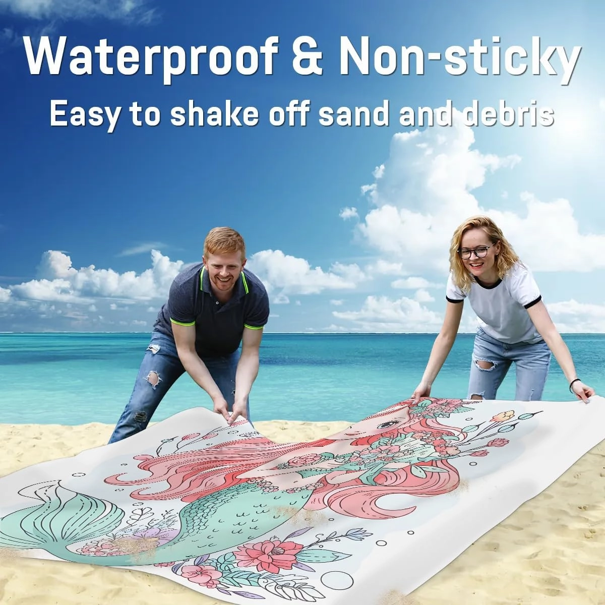 Beach Blanket, Mermaid Sandproof Beach Mat, Waterproof Quick Drying Sand Free Mat with 4 x Ground Spikes for Outdoor Travel Camping Hiking, Nautical Sea 68 x 59 in
