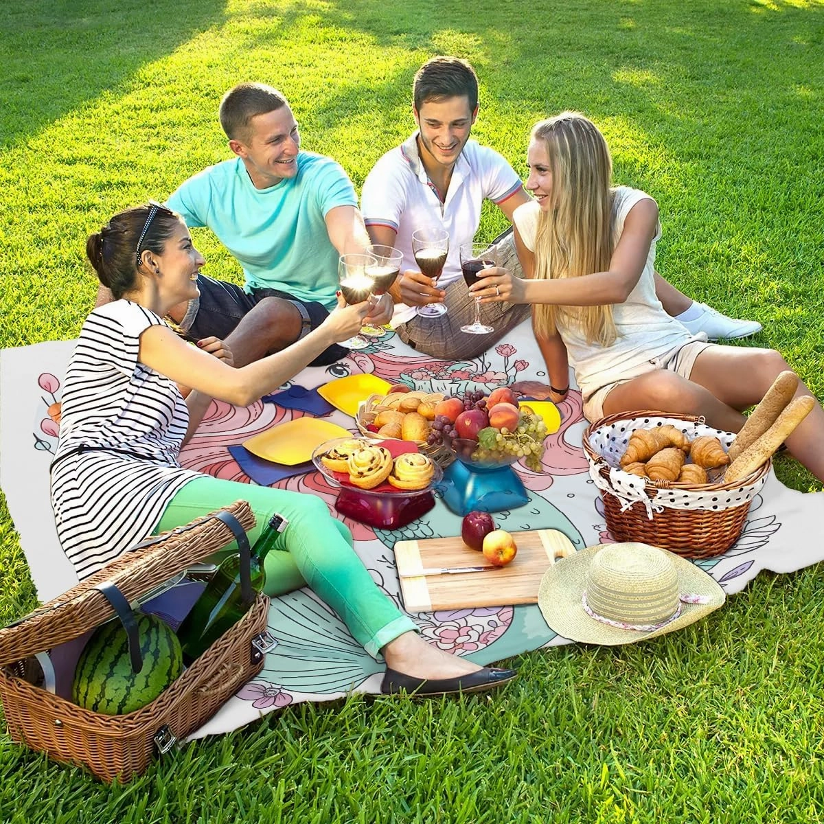 Beach Blanket, Mermaid Sandproof Beach Mat, Waterproof Quick Drying Sand Free Mat with 4 x Ground Spikes for Outdoor Travel Camping Hiking, Nautical Sea 68 x 59 in