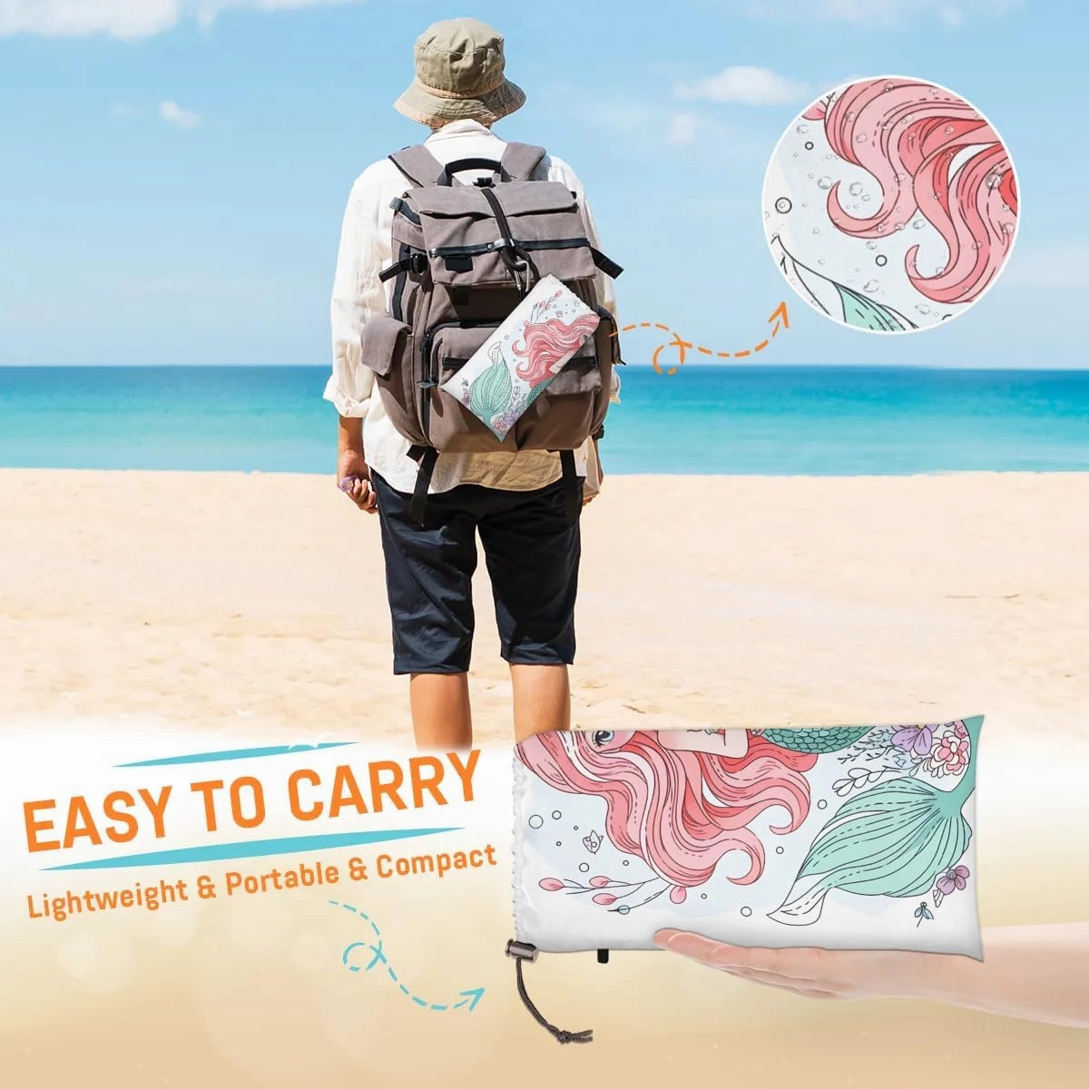 Beach Blanket, Mermaid Sandproof Beach Mat, Waterproof Quick Drying Sand Free Mat with 4 x Ground Spikes for Outdoor Travel Camping Hiking, Nautical Sea 68 x 59 in