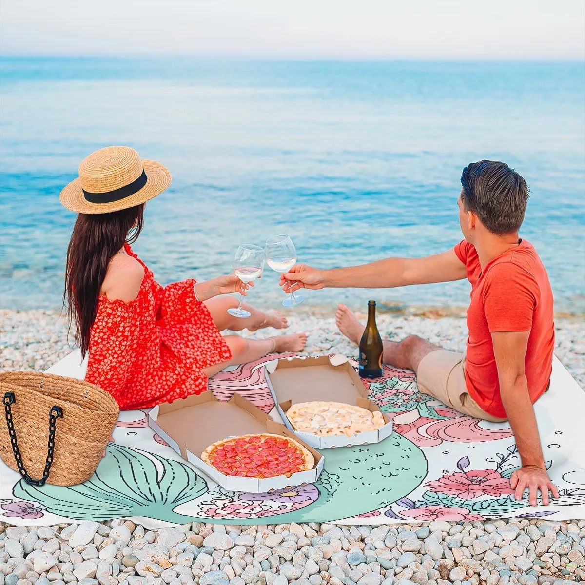 Beach Blanket, Mermaid Sandproof Beach Mat, Waterproof Quick Drying Sand Free Mat with 4 x Ground Spikes for Outdoor Travel Camping Hiking, Nautical Sea 68 x 59 in