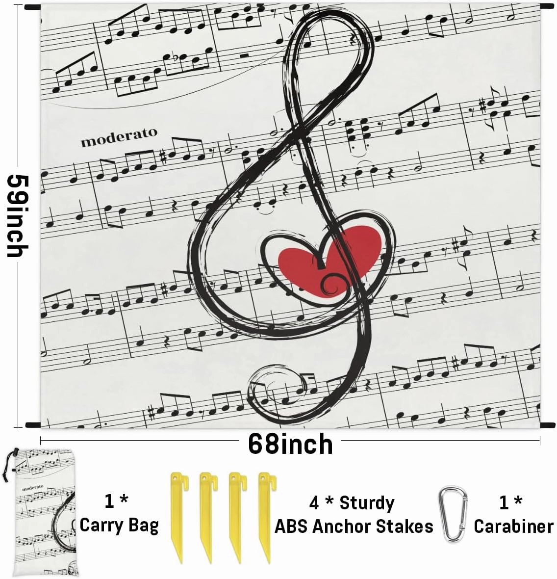 Beach Blanket, Music Note Sandproof Beach Mat, Waterproof Quick Drying Sand Free Mat with 4 x Ground Spikes for Outdoor Travel Camping Hiking, Music Heart 68 x 59 in
