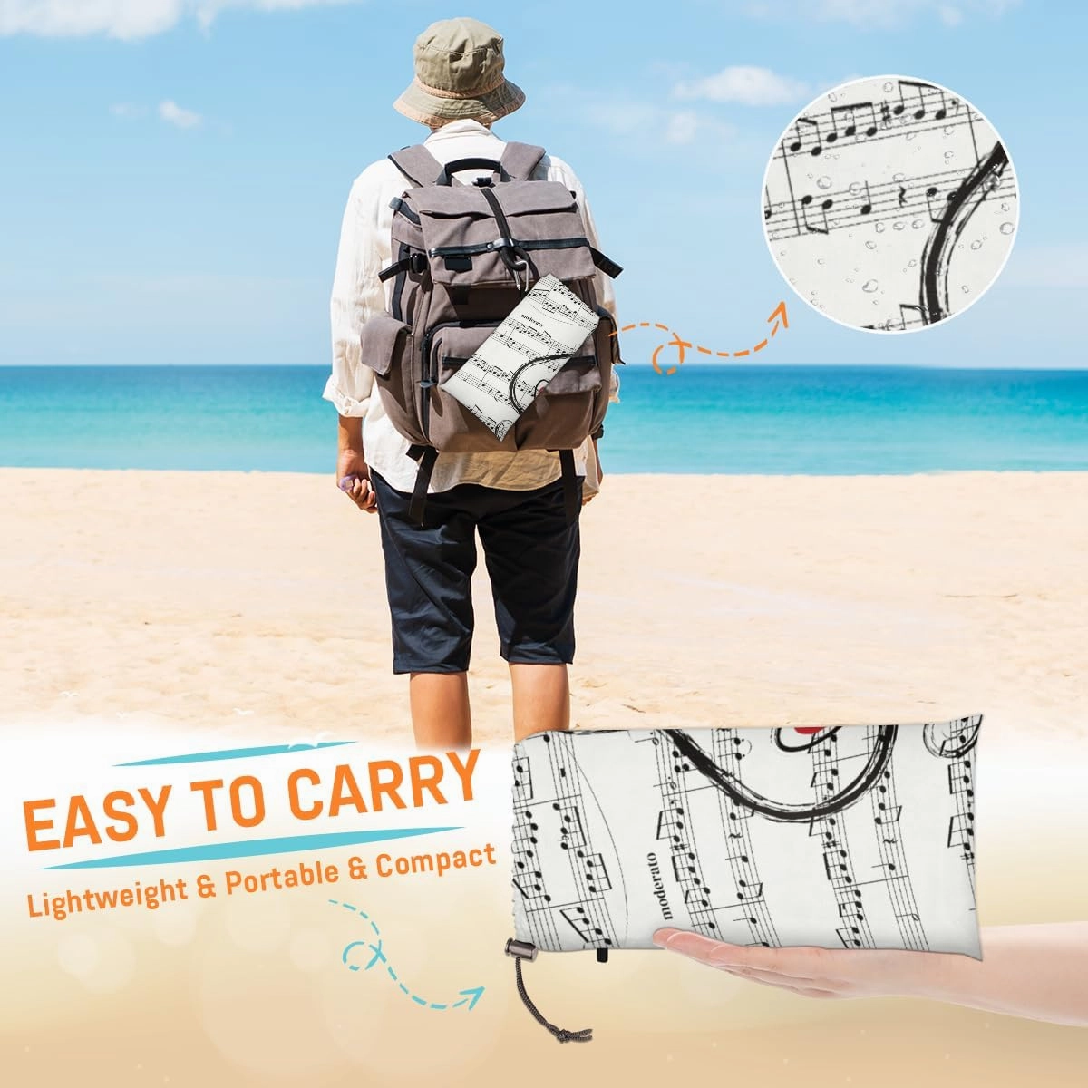 Beach Blanket, Music Note Sandproof Beach Mat, Waterproof Quick Drying Sand Free Mat with 4 x Ground Spikes for Outdoor Travel Camping Hiking, Music Heart 68 x 59 in