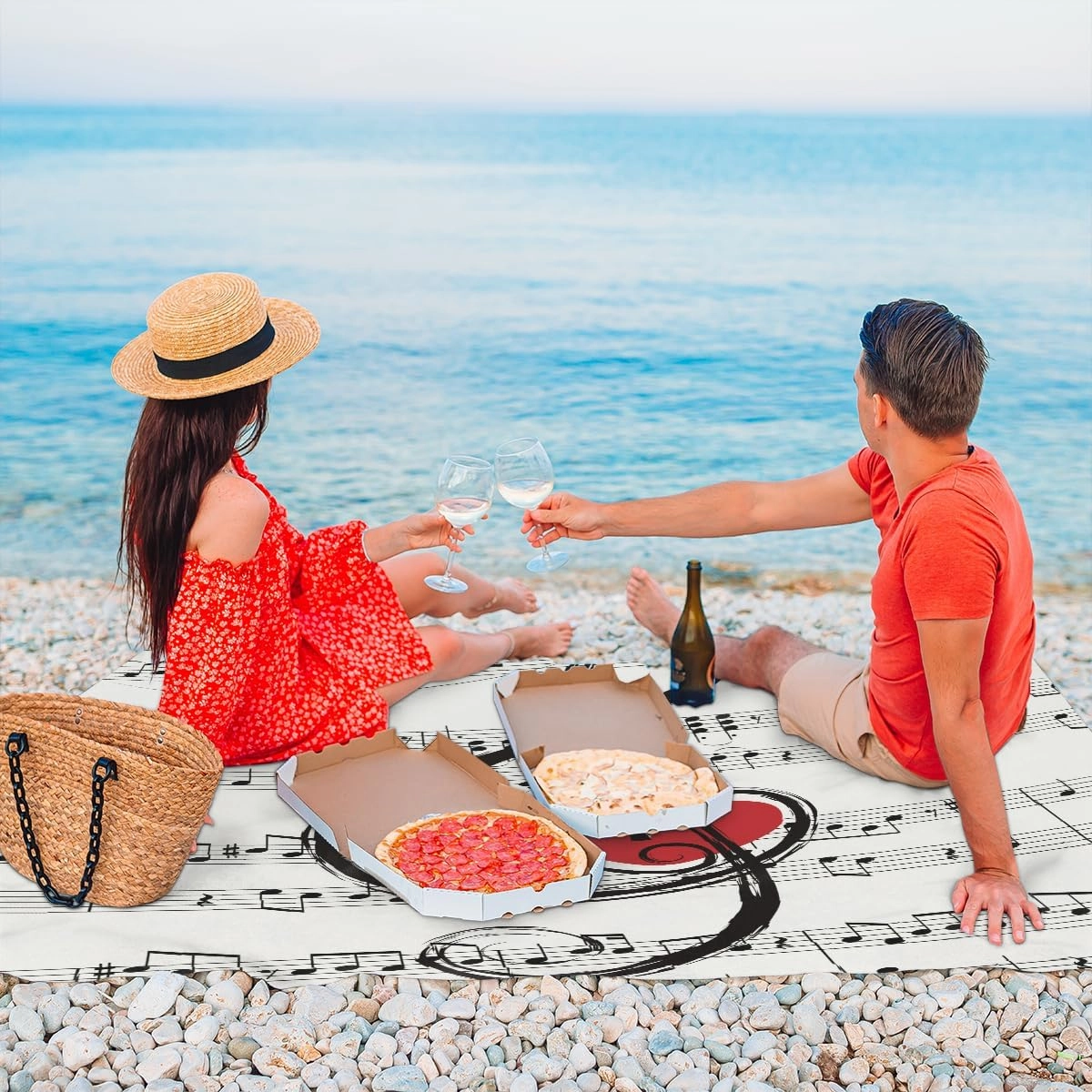 Beach Blanket, Music Note Sandproof Beach Mat, Waterproof Quick Drying Sand Free Mat with 4 x Ground Spikes for Outdoor Travel Camping Hiking, Music Heart 68 x 59 in